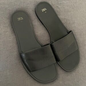 ZARA super minimalistic slides sandals flats black leather EU 40 US 9,5